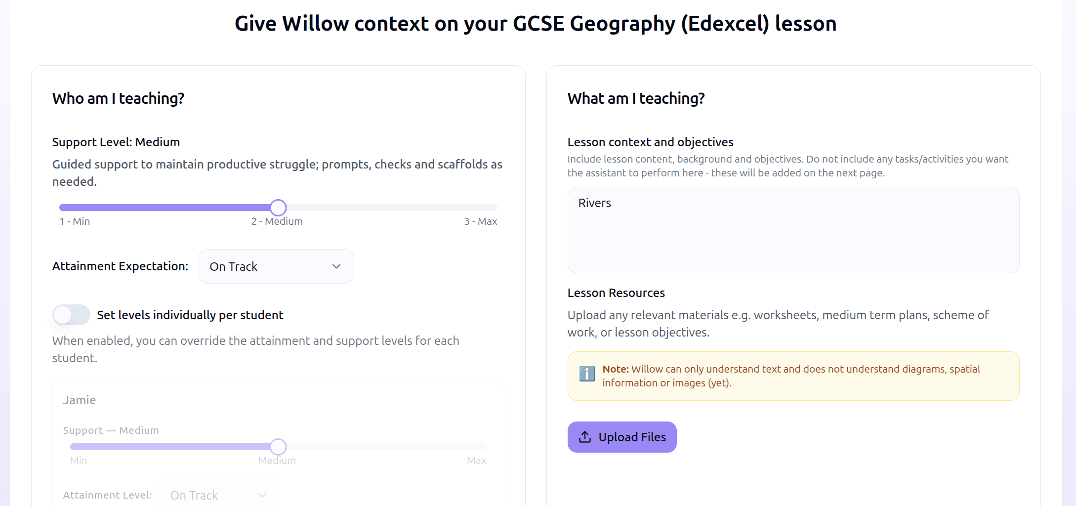 Willow teacher control dashboard showing lesson context, resource uploads, and student monitoring features