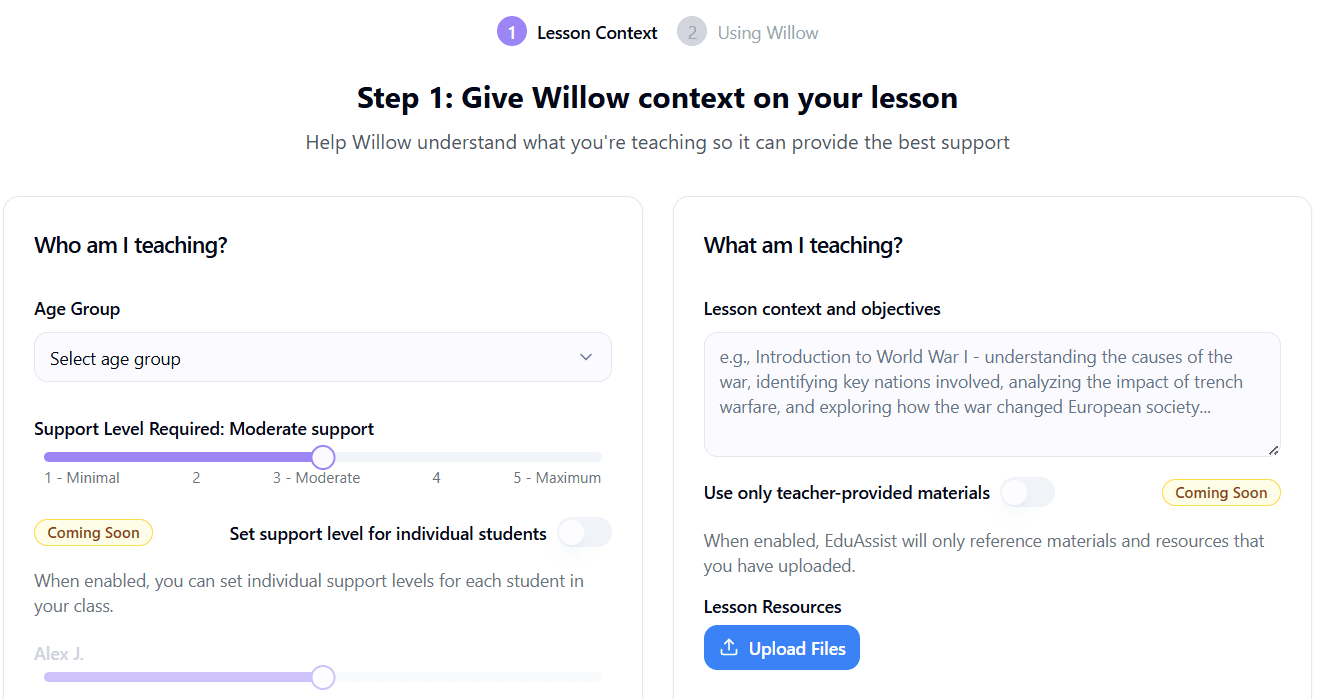 Willow teacher control dashboard showing lesson context, resource uploads, and student monitoring features